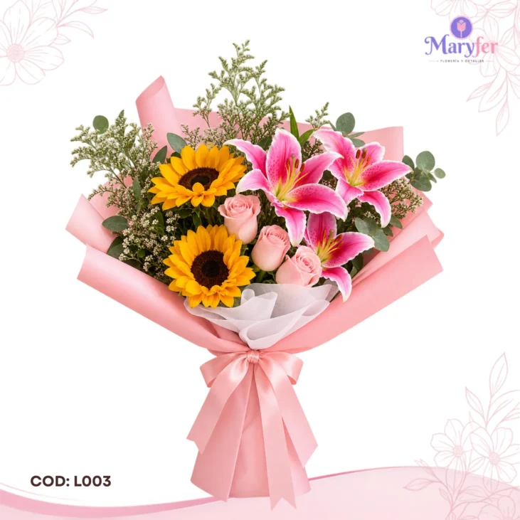 Girasoles y Lirios Rosados